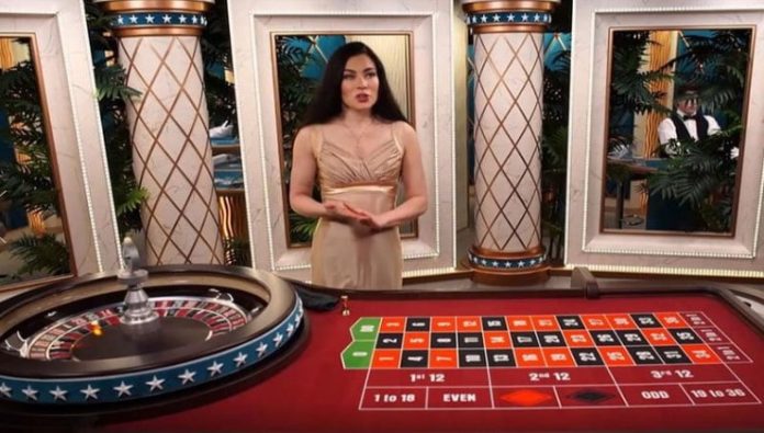 A version of American roulette in operation with a live dealer