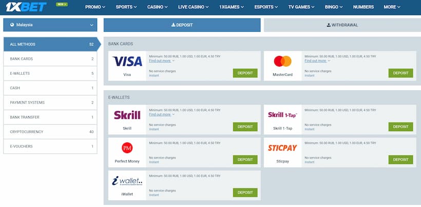 1XBet Online Casino Malaysia - Deposit Methods Page