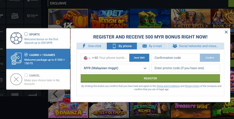 1XBet Online Casino - Registration Page