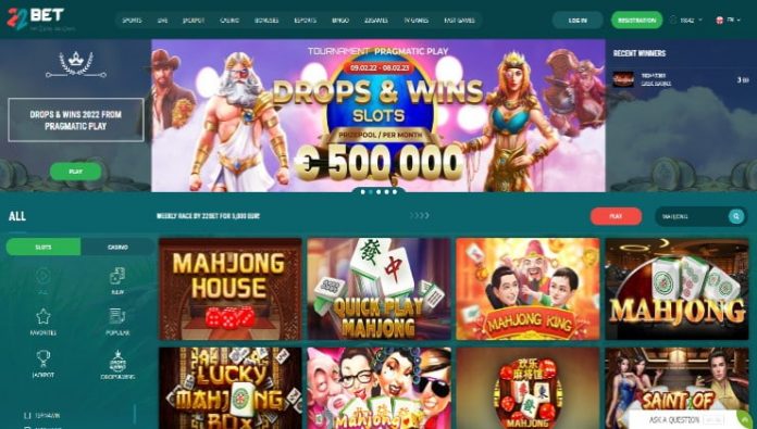The 22Bet online casino and its lobby featuring mahjong options